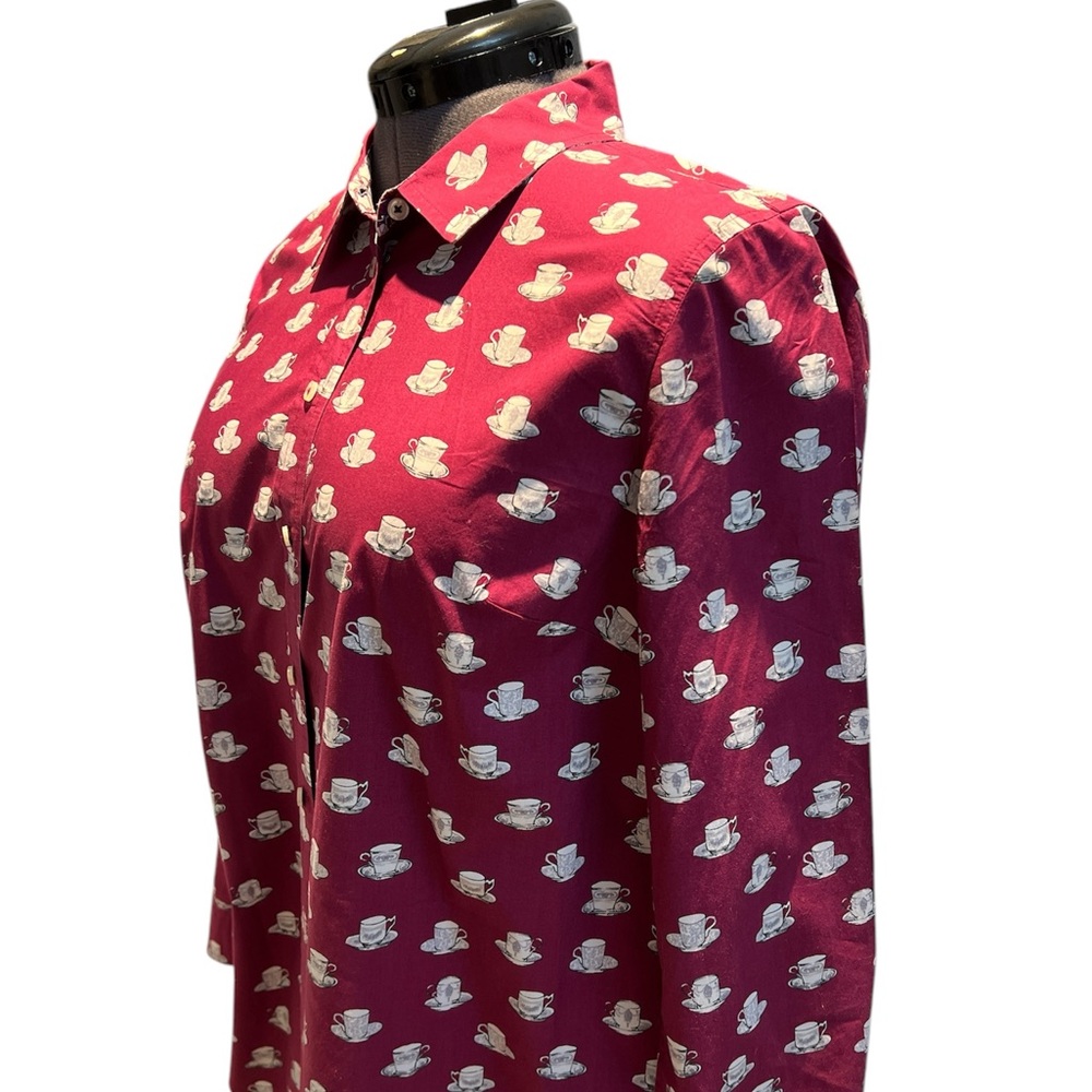 TALBOTS Tea Cup Print Cotton Preppy Maroon Tea
Time Button Down Blouse Large - Picture 6 of 7